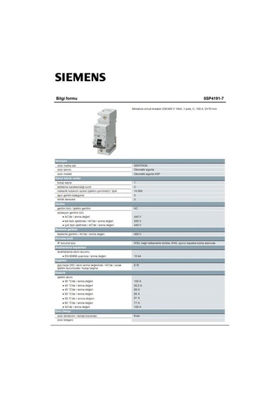 5Sp4191-7 100A 1 Fazlı 70Mm Otomat Anahtarlı Otomatik Sigorta
