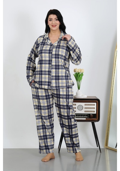 Akbeniz Kadın Büyük Beden Pamuklu Cepli Düğmeli Lacivert Pijama Takım 202504 Lacivert
