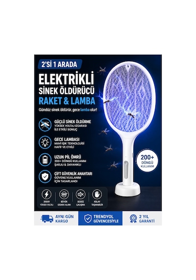 2'si 1 Arada Şarjlı Elektrikli Sinek Öldürücü Raket Ve Sivrisinek Lambası 3000v Usb Şarjlı Gece Lambalı