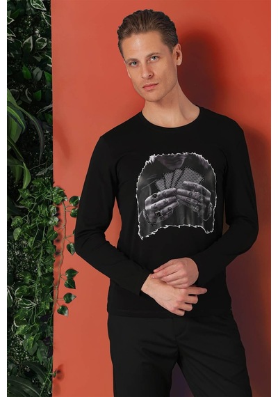 Efor Slim Fit Baskılı Bisiklet Yaka Esnek Pamuk Siyah Tişört Ts 868 Siyah