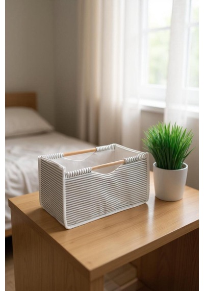 Tahta Saplı Kumaş Kutu Organizer/düzenleyici 32x17x18cm Gri-beyaz
