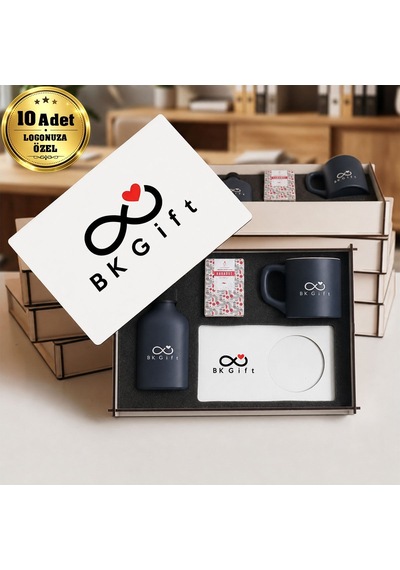 Logonuza Özel 10 Adet Kutulu Ahşap Altlıklı Antrasit Fincan & Kolonya & & Aromalı Kahve Seti Ahşap Kutulu Kurumsal Hediye Seti