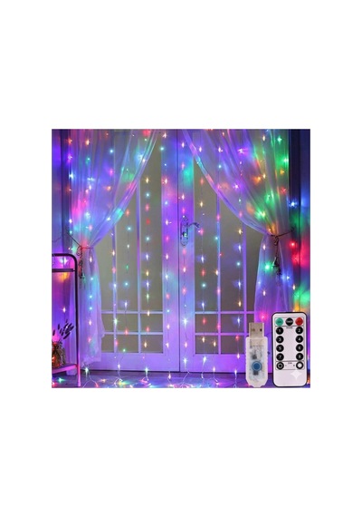 Rengarenk Fonksiyonlu Peri Led Perde Işık - 8 Modlu Kumandalı Zamanlayıcılı Animasyonlu Usb Mikro Led Çok Renkli