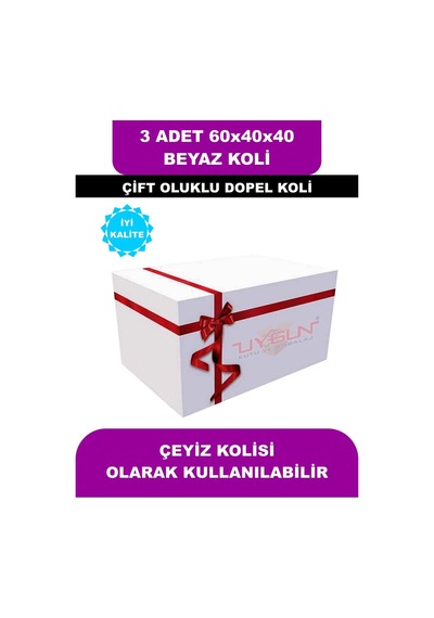 3 Adet 60x40x40 Beyaz Çeyiz Kolisi, Taşıma Kolisi, Boş Karton Koli, Çift Oluklu