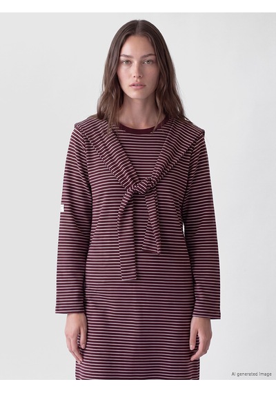 Lcw Modest Bordo Bağlama Detaylı Çizgili Elbise
