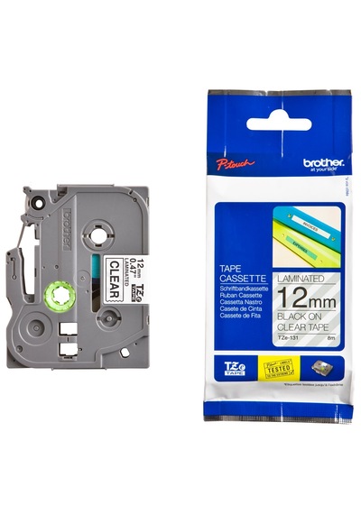 Tze-131 12mm Şeffaf Üzerine Siyah Laminasyonlu Etiket