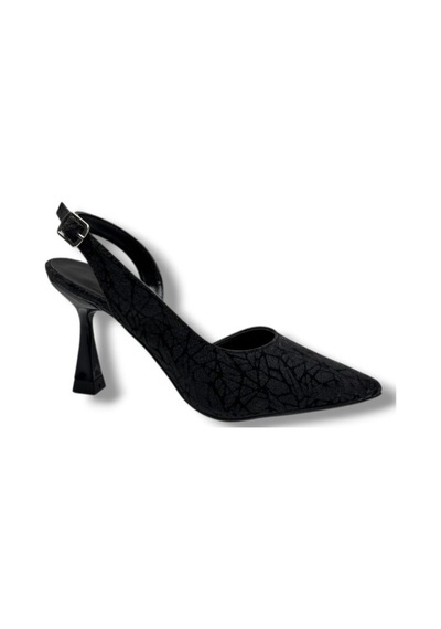 Mengi 685-26 Parlak Simli Saten İnce Topuk Arkası Açık Kadın Stiletto 9cm Siyah