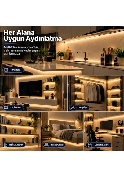 Şerit Led Kumandalı Dimmerli 5 Metre Mutfak Dolabı Tezgah Altı Aydınlatma Led Işık Sb-6557 Gün Işığı
