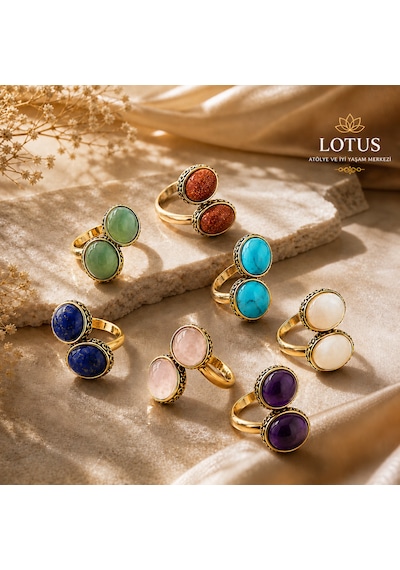 Premium Doğal Taşlı Bronz Yüzük Koleksiyonu Aventurin, Firuze & Lapis Lazuli Tasarım Yüzük Pembe
