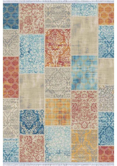Çok Renkli Patchwork Dokuma Pamuk Taban Kaymaz Kilim Klm055n11 Mavi - Sarı