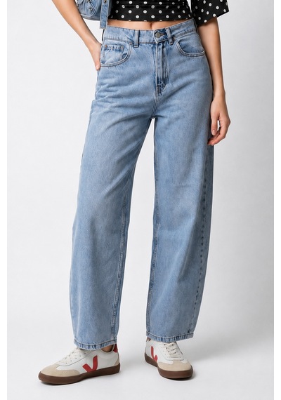 Mixray 2172 Kadın Yüksek Bel Geniş Paça Barrel Denim Pantolon Mavi