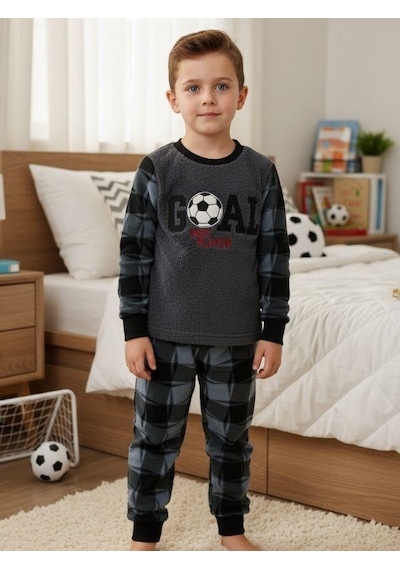 Zekids Erkek Çocuk Goal Baskılı Polar Pijama Takımı-16816 Füme