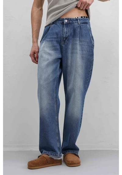 Vamos Pileli Zincir Detaylı Baggy Jean Mavi