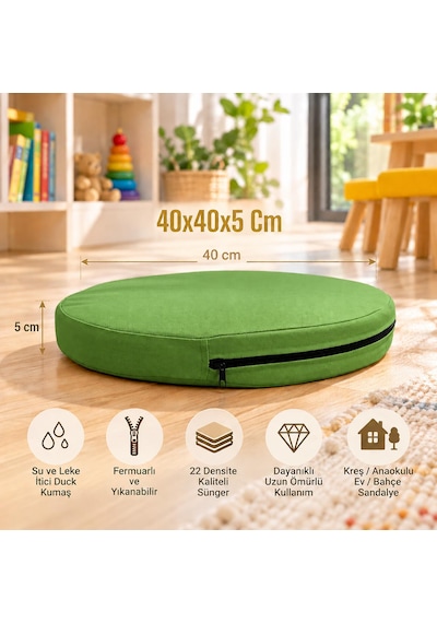 Kreş Anaokulu Yuvarlak Oyun Minderi Aktivite Minderi 40x40x5 Cm - Sandalye Minderi - Bahçe Dekor Minderi Yuvarlak Minder Yeşil