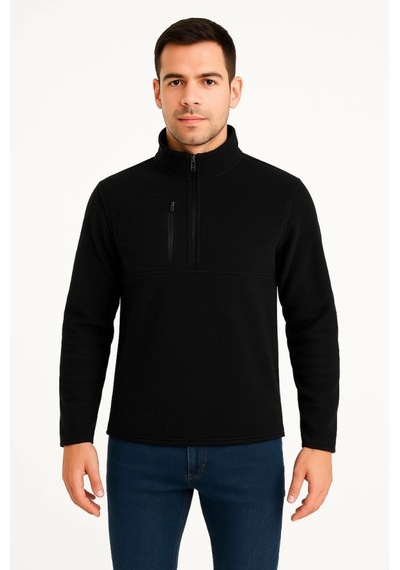 Efnaz Style Erkek Polar Kazak Dik Yaka, Yarım Fermuarlı, Fermuarlı Göğüs Cepli, Siyah Biyeli, Kışlık Rahat Regular Fit Günlük Model - Siyah