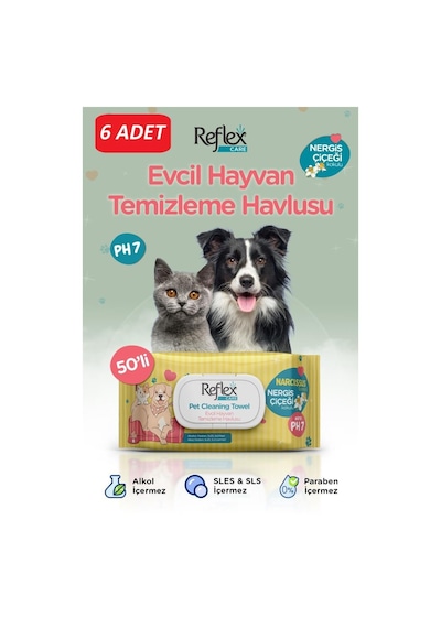 Reflex Care Evcil Hayvanlar İçin Çok Amaçlı Hijyenik Temizleme Havlusu 50'li - Nergis Çiçeği Kokulu 6 Adet