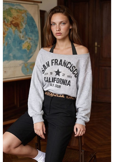 Hiccup 2'li Asimetrik Yaka Baskılı Oversize Sweatshirt Gri