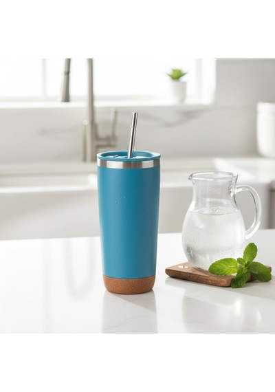 590 Ml Paslanmaz Çelik Pipetli Termos Kupa - 4 Renk Seçeneği Siyah, Yeşil, Gri, Mavi - Sıcak Ve Soğuk Tutan Mug - Araç Ve Ofis Bardağı Mavi Çok Renkli