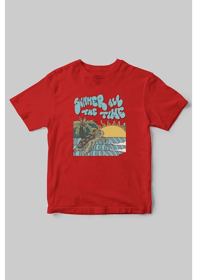 Yaz Zamanı Summer Time Caretta Caretta Deniz Kum Güneş Baskılı Regular Fit %100 Pamuk T-shirt Kırmızı