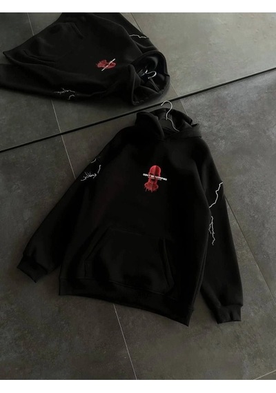 Vexor Üç İplik Kapşonlu Baskılı Oversize Sweatshirt- Siyah