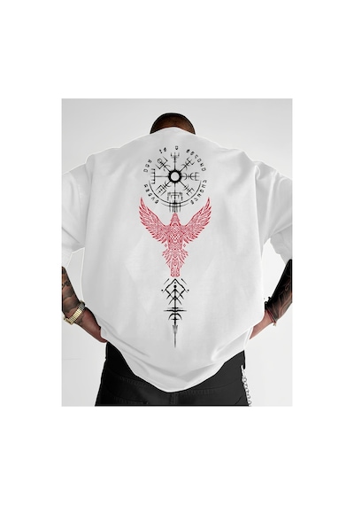 Caddemia Yaz  Moda Rahat Spor Bol Kesim Astronot İniş Ay Baskı Yuvarlak Boyun Kı Beyaz 2XL