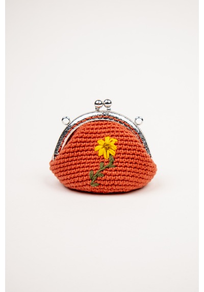 Fabric Craft Bag Bozuk Para Cüzdanı Klipsli Örgü, Çiçek Nakışlı Merserize İplik Kiremit