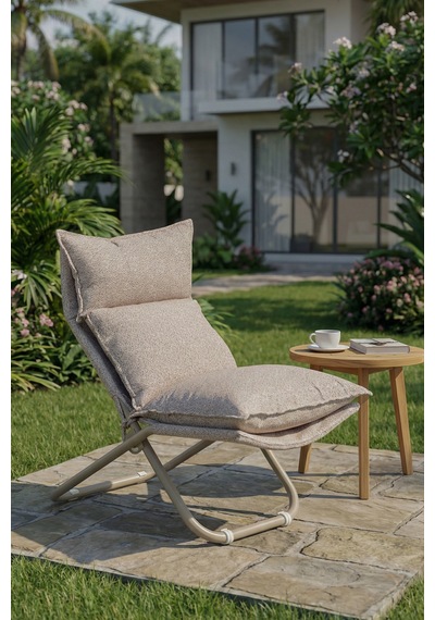 Lumis Garden Prestij Katlanabilir Lounge Koltuğu Çıkarılabilir & Yıkanabilir Kılıf, Modern Metal İskelet Krem