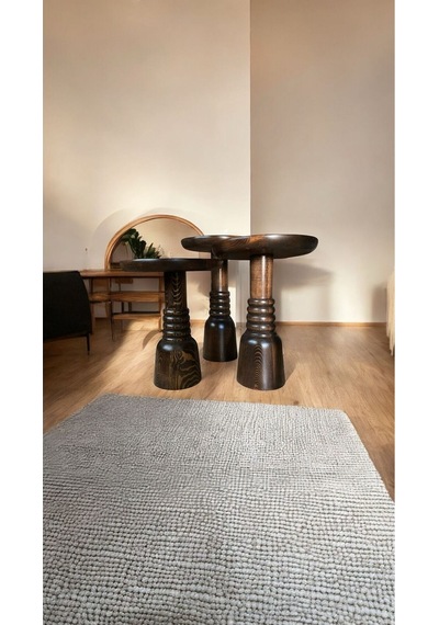 Wood Ahşap 3 Lü Set Fitilli Mantar Yan Sehpa Boğumlu Model / Ceviz Renk / Zigon Sehpa Vernikli Ceviz