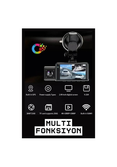 F6 4k 1080p Monitörlü Gece Görüşlü 3 Kanal Wifi/gps Li Döngü Kayıtlı Araç Iç Dış Kamera - G6t