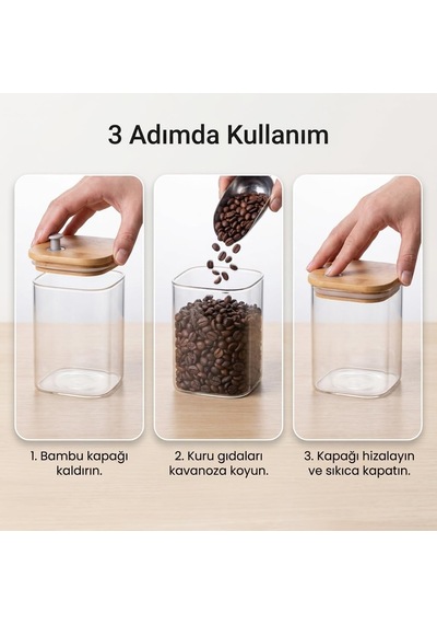 2 Adet 600 Ml Sızdırmaz Vakumlu Bambu Kapaklı Borosilikat Cam Kavanoz, Hava Geçirmez Contalı Kare Kuru Gıda Saklam Diğer