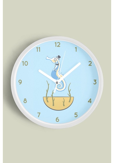 Sevimli Denizatı Modern Çocuk Odası Duvar Saati - 42cm - Önü Camlı Beyaz Kasa - Sessiz Mekanizma Beyaz
