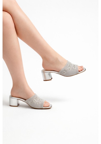 Tual Shoes Kadın Silver Örgü Detaylı Topuklu Terlik Gümüş