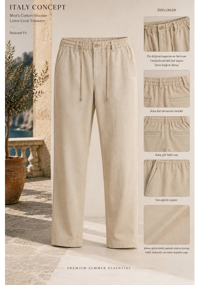 Danger Erkek Pamuk Viskon Kumaş Keten Görünümlü Bej Slim Fit Pantolon - 216dngr