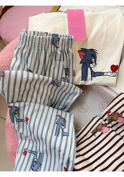 Mh Moony Homewears Erkek Tekli Kedicik Pijama Çift Pijamasının Erkeği Erkek Krem