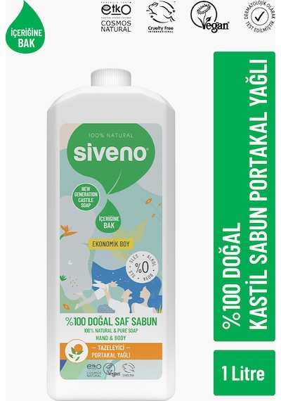 Siveno %100 Doğal Sıvı Kastil Sabun Portakal Yağlı Tazeleyici Nemlendirici Bitkisel Vegan 1 L