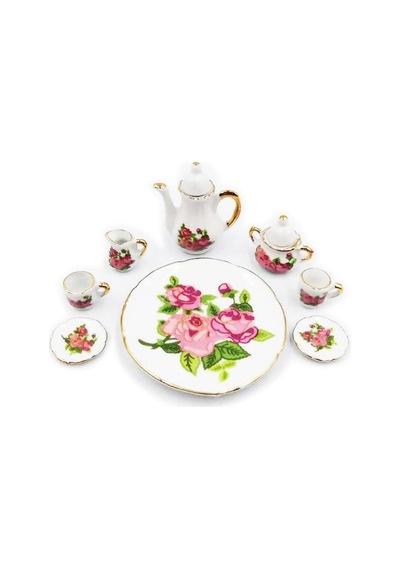 Dollhouse Çay Fincanı Setleri 1:6 Ölçekli Minyatür Porselen Bebek Evi Aksesuarları 8 Parça Çiçek Desenli Çayda Diğer