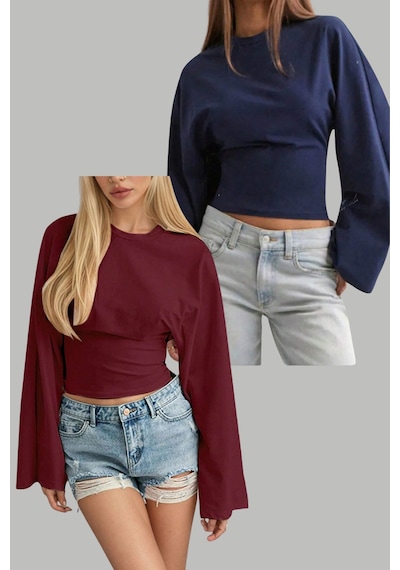 Lacivert - Bordo 2li Paket Kadın Uzun Kollu Belden Oturtmalı Bluz Bordo - Lacivert