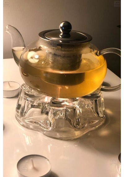 2 Li Set Cam Demlik Ve Cam Isıtıcı Süzgeçli Demlik 600 Ml Bitki Çayı Demliği Borasilikat Şeffaf