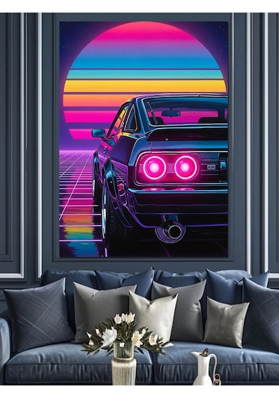 Ahşap Tablo Neon Arkadan Görünüm Araba