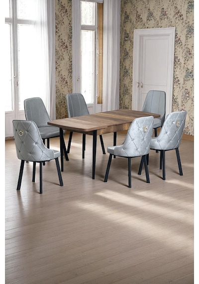 Sonata Ceviz 80 x 132 Açılabilen MDF Masa Siyah Metal Ayaklı Mutfak Masası Takımı 6 Gri Sandalye Sonata Ceviz 80 x 132 Açılabilen MDF Masa Siyah Metal Ayaklı Mutfak Masası Takımı 6 Gri Sandalye