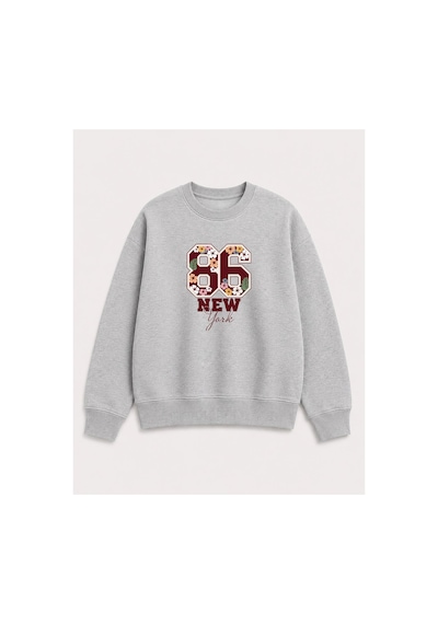 Herkesemoda Rakam Ve Çiçekler Baskı Detaylı Bisiklet Yaka Şardonlu 2 İplik Sweatshirt Gri