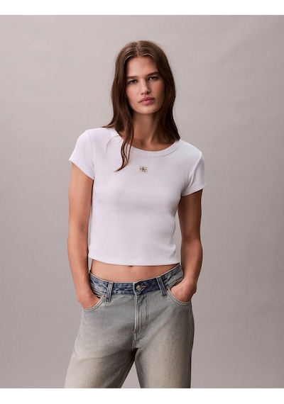 Calvin Klein Jeans Kadın Etiketli Fitilli Kısa Beyaz T-shirt Lv047c200g-yaa Beyaz
