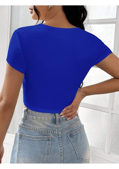 Liona Kare Yaka Mavi Renk Fitilli Kısa Kollu Slim Fit Crop Top Bluz
