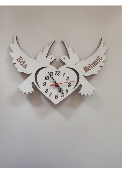 Duvar Saati Kuşlu Kişiye Özel Beyaz