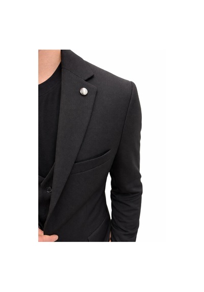 Erkek Klasik Slim Fit Armürlü Kumaş Tek Düğmeli Çift Yırtmaçlı Klasik Yaka Takım Elbise 7 Drop Siyah