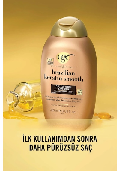 OGX Brazilian Keratin Smooth Düzleştirici Sülfatsız Şampuan 385 ml + Saç Bakım Kremi 385 ml