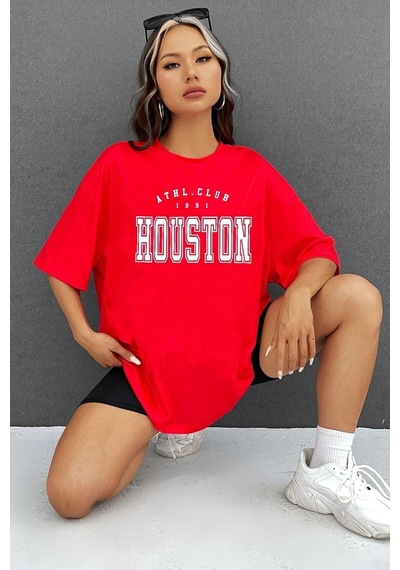 Flood Of Style Unisex Houston Baskılı T-shirt Kırmızı