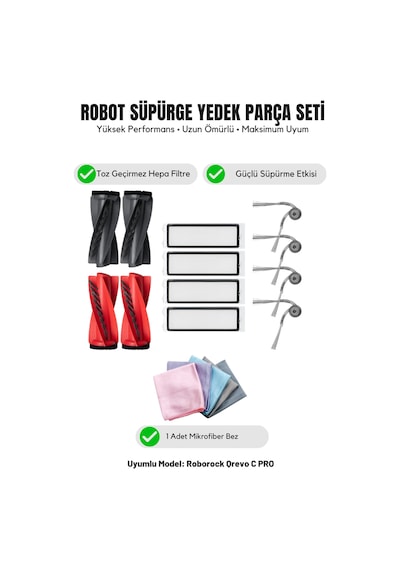 Roborock Qrevo C Pro İle Uyumlu 2 Ana Fırça 4 Yan Fırça 4 Filtre 1 Temizlik Bezi 12.0