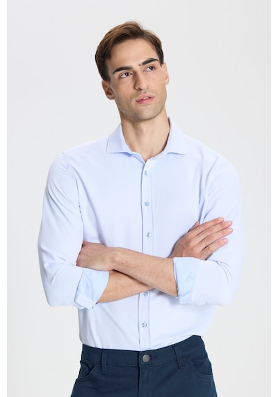 George Henry Pamuklu Oxford Slim Fit Dar Kesim İtalyan Yaka Armürlü Gömlek Mavi