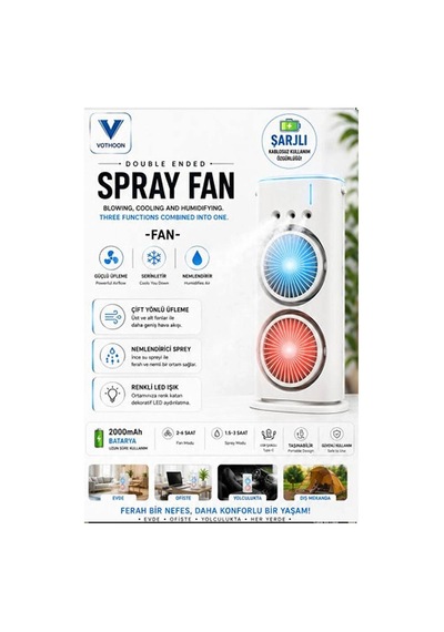 Çift Başlıklı Sprey Fan Nemlendirici Ve Renkli Led Işıklı Beyaz Evimdeyokyok